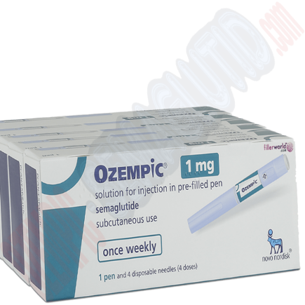 Fünf Packungen Ozempic bestellen, wobei jedes Packung, das zu günstigen Preisen mit schnellem Versand erhältlich ist, 1 Pen und 4 Einwegnadeln enthält. Auf der Verpackung steht, dass es sich um eine 1-mg-Injektionslösung in einem vorgefüllten Pen handelt, die einmal wöchentlich verabreicht werden soll. Der Hersteller ist Novo Nordisk.