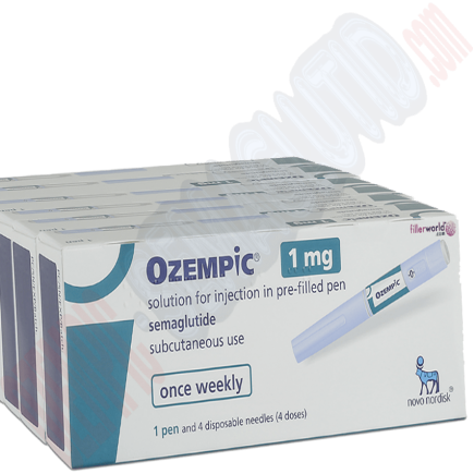 Sechs Schachteln mit der Aufschrift „Ozempic 1 mg“, erhältlich zu einem günstigen Ozempic Preis ohne Rezept. Jede Schachtel enthält eine Injektionslösung in einem vorgefüllten Pen mit Semaglutid zur subkutanen Anwendung. Jede Schachtel enthält 1 Pen und 4 Einwegnadeln (4 Dosen) zur wöchentlichen Anwendung. Hergestellt von Novo Nordisk, Markenname und Produktdetails sind in blauer und grüner Schrift angegeben.